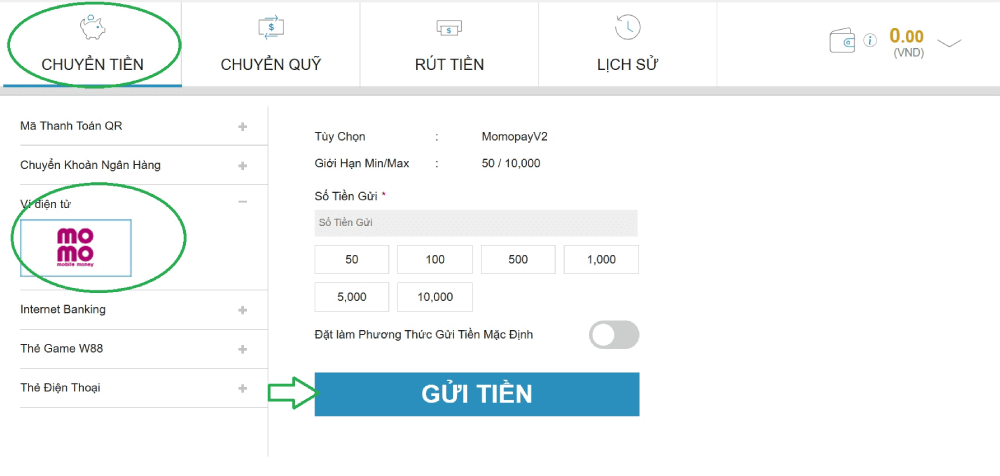 nạp tiền vào W88 bằng ví Momo